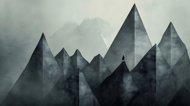 A dark and mysterious landscape with a single figure standing on a mountaintop. The figure is looking out over a vast expanse of mountains and clouds.