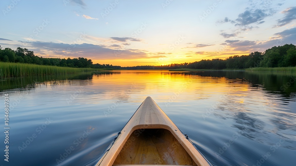 Poster kayaker enjoying a serene sunset moment on a calm quiet lake with the glowing sky beautifully mirror