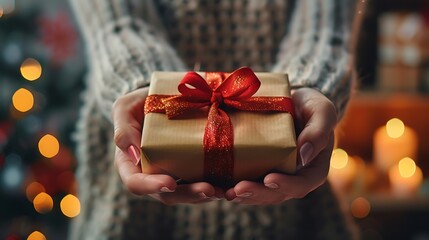 A woman holding a gift box with a red ribbon in her hands. The background is blurred with a warm glow of lights.