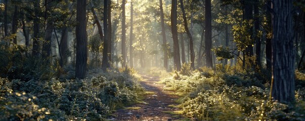 Obraz premium Peaceful forest path with sunlight filtering through the trees, 4K hyperrealistic photo