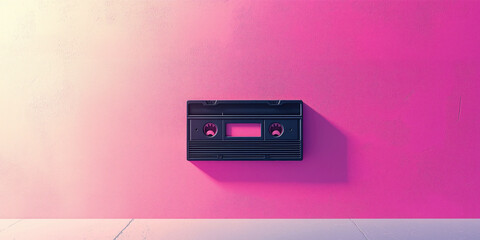 Fototapeta premium Retro cassette tape against vibrant pink wall with modern minimalist aesthetic