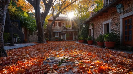A tranquil autumn afternoon in a quaint stone village bathed in golden sunlight and vibrant leaves. Generative AI
