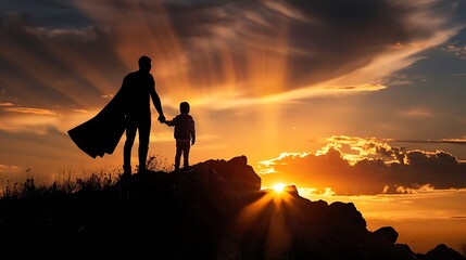 A father and son stand on a mountaintop at sunset. The father is holding his son's hand and they are both looking out at the view.