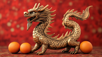 Fototapeta premium A detailed sculpture of a dragon on a vibrant red background, representing strength and prosperity, with three orange spheres in front.