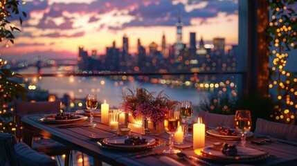 Fototapeta premium A romantic dinner table set for two on a rooftop patio overlooking a cityscape at sunset.