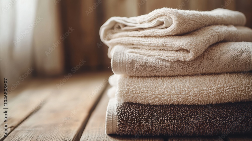 Aufkleber a stack of plush towels in warm, neutral tones is arranged on a wooden table, enhancing the inviting