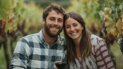 Fototapeta premium A man and woman are posing for a picture with a glass of wine