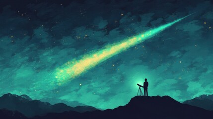 Fototapeta premium Newton Observing a Comet with Telescope at Night