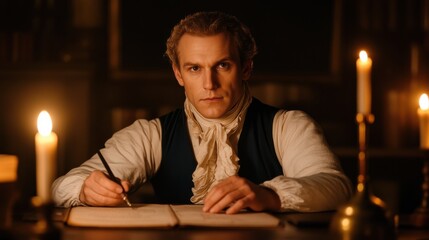 Scientist in Candlelit Study Focused on Discovery