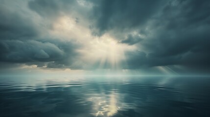 Obraz premium Moody seascape with stormy clouds and sunlight reflecting off the water.