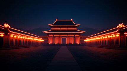 A stunning nighttime view of a traditional Asian temple illuminated by warm orange lights, surrounded by elegant structures and a serene path.
