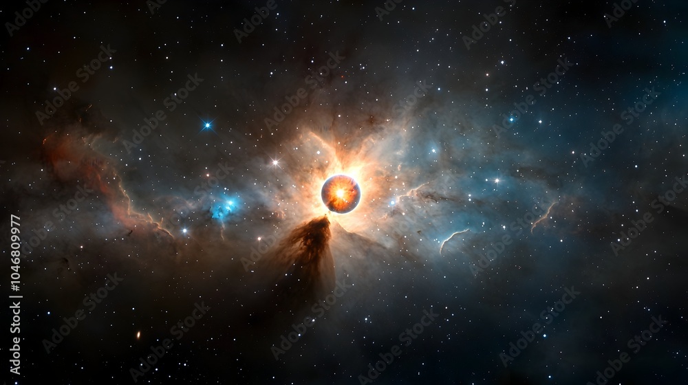 Poster Radiant cosmic orb glowing with intricate swirling patterns surrounds by a bright and colorful nebula creating a stunning and mesmerizing celestial display