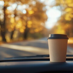 Cozy Autumn Vibes A Coffee Cup on a Scenic Drive Through Colorful Leaves