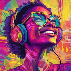 Happy woman listening to music, 3D remix Colorful graphics and icons, colored mixed media remix. Happy African American woman listening to music on headphones. generative ai