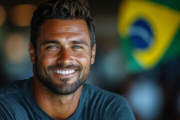 Man with a big smile on his face is wearing a black shirt. Happy, smiling man stands in front of Brazilian flag, patriotism, national pride. Brazilian Independence Day. National holiday in Brazil