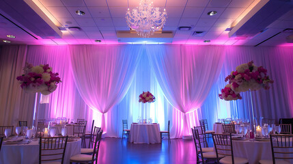 A beautiful wedding reception hall is decorated with purple and blue lights.