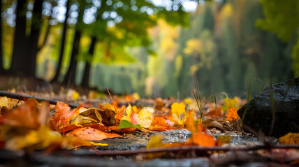 Obraz premium Colorful autumn leaves scattered on a forest floor, with soft sunlight filtering through trees in a serene natural setting.