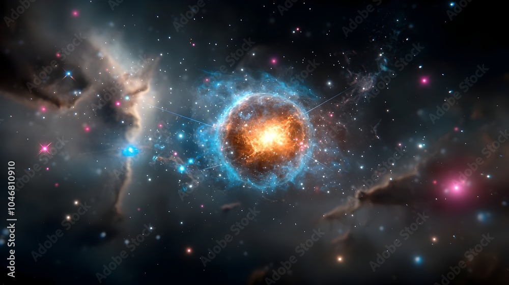 Poster Glowing cosmic orb pulsating with radiant energy surrounded by swirling tendrils within a vast vibrant nebula of captivating colors capturing the ethereal beauty and mystery of deep space