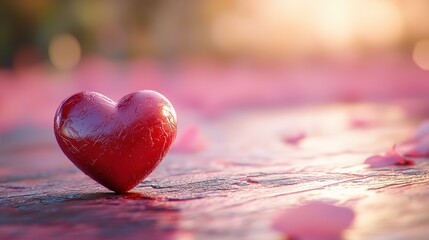 Fototapeta premium A cute small red heart shape located in the bottom right of a soft pink backdrop, capturing the spirit of love and connection.