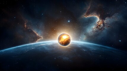 Obraz premium Radiant cosmic orb glowing brightly surrounded by swirling energy deep in a colorful nebula with intricate and mesmerizing patterns of light in the vast expanse of space