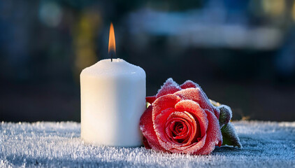 Naklejka premium Dzień wszystkich świętych, znicz i czerwona róża 