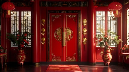 Fototapeta premium Traditional Chinese New Year fireworks and interior scene illustration poster background