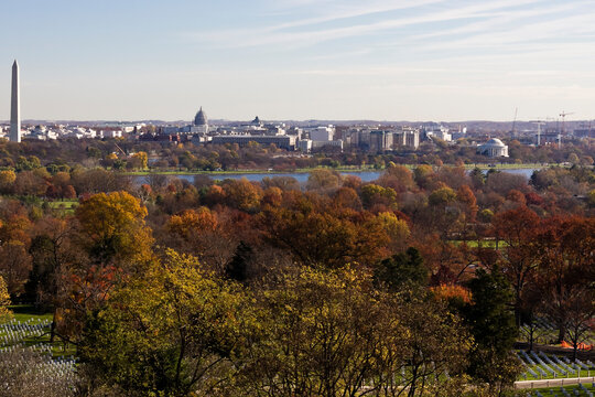 Late Fall view overlooking central Washington DC from Arlington National Cemetery, Virginia