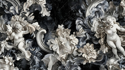 Ornate baroque design featuring cherubs and floral motifs on a dark background. Black and white background images -