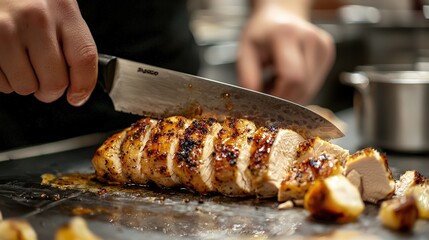 A dynamic image of a chef slicing a tender chicken breast with a knife, showcasing the skill and precision required for culinary tasks.