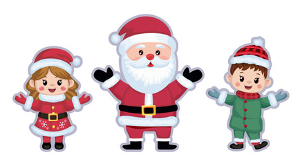 Santa Claus icon and children in festive costume, Christmas characters on light background, festive icons, stickers Christmas cute figures. Vector illustration