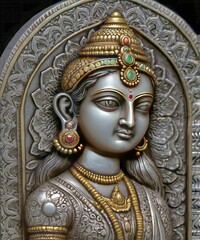 This silver coin showcases the figure of Lakshmi, symbolizing wealth and fortune in Indian culture