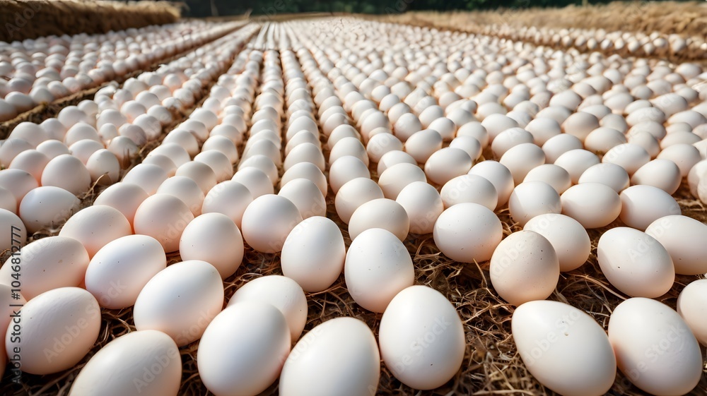 Wall mural line of fresh white eggs in poultry production farm, closeup of chicken egg carton manufacturer farm