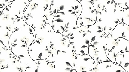 Floral pattern featuring delicate black and white vines and blossoms on a light background. Black and white background images -