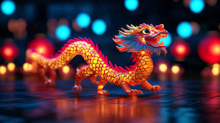 Fototapeta premium Colorful dragon statue with intricate details, symbolizing strength and tradition, against a vibrant backdrop of lights.