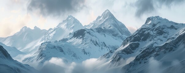 Naklejka premium Scenic mountain range with snow-capped peaks, 4K hyperrealistic photo