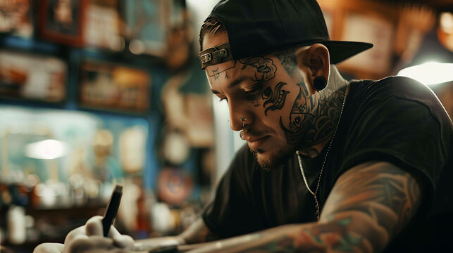 Concentrated male tattoo artist with tattoos on his face and arms is drawing a sketch of a tattoo for a client in his studio. - Powered by Adobe