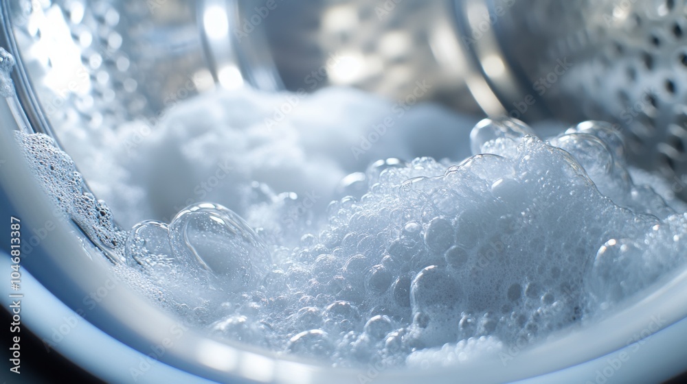 Poster bright and airy washing machine drum showcases fluffy white towels and sudsy bubbles, creating a ref