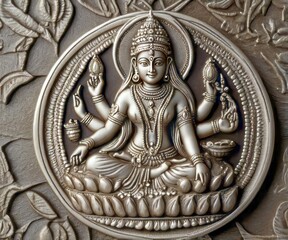 This silver coin showcases the figure of Lakshmi, symbolizing wealth and fortune in Indian culture