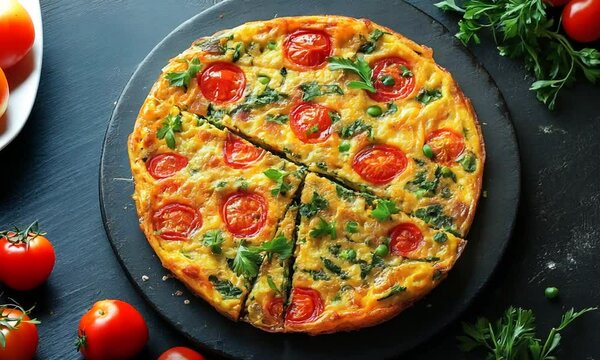 A delicious frittata garnished with tomatoes and herbs.