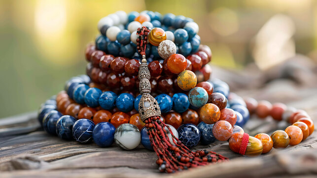 A beautiful handmade mala necklace made with colorful gemstones and a guru bead.