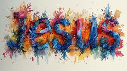 A vibrant watercolor artwork of the name Jesus surrounded by colorful floral elements and bold hues. Generative AI