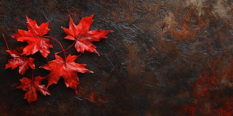 Bright red maple leaves arranged in a vertical cluster on a dark textured autumn surface
