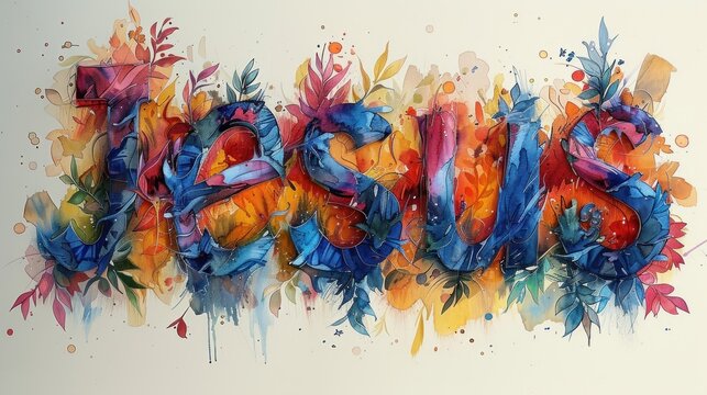 A vibrant watercolor artwork of the name Jesus surrounded by colorful floral elements and bold hues. Generative AI