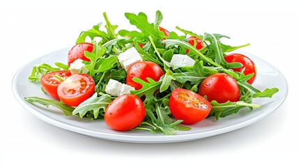 A fresh salad with arugula, cherry tomatoes, and feta cheese, artfully arranged on a white plate against a white background for a vibrant, healthy look.