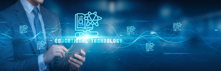 Hand holding a tablet with global network connections, symbolizing EdTech (Educational Technology), futuristic innovations, and technology in digital learning environments, enhancing global education