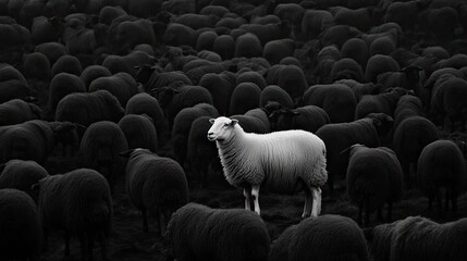 Obraz premium A solitary white sheep stands in contrast to a sea of dark sheep, symbolizing the beauty of individuality in a collective environment.