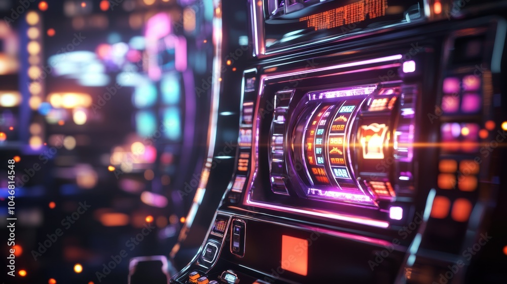 Poster a row of futuristic slot machines features bright, flashing lights and spinning reels, creating exci