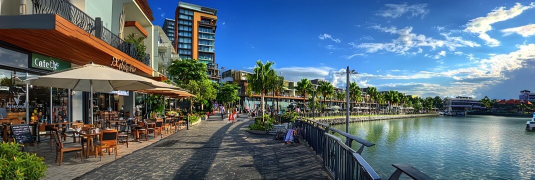 Vibrant waterfront promenade lined with palm trees stylish cafes and modern architecture creating a picturesque urban landscape perfect for relaxation and tourism