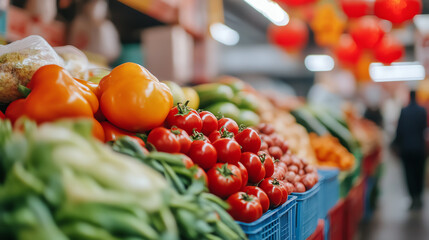 Vibrant assortment of fresh vegetables including bell peppers, tomatoes, and cucumbers, beautifully arranged in a market setting.