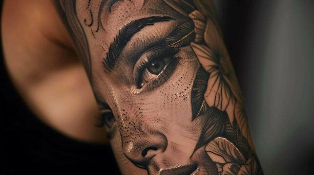 A close-up of a black and gray tattoo of a woman's face on someone's arm. The tattoo is very detailed and realistic, and it looks like a photograph.